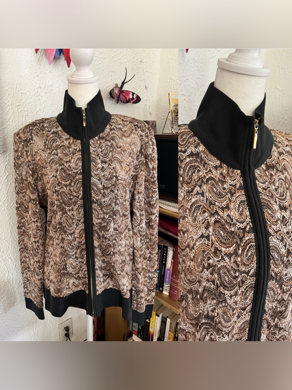 Exclusively MISOOK Women's black brown Lace zip front sweater jacket Med leisure